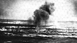 The German trenches at La Boiselle under British artillery bombardment.